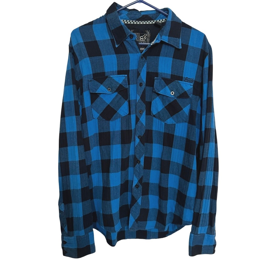 Fox Racing Flannel casual button down Shirt Men L Blue Long Sleeve plaid flannel